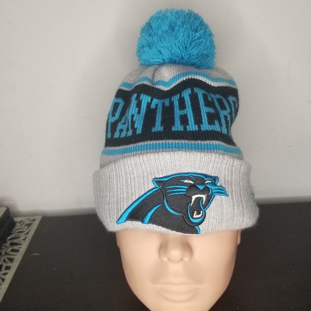 Carolina Panthers New Era Gray Stripe Cuffed Knit Hat with Pom